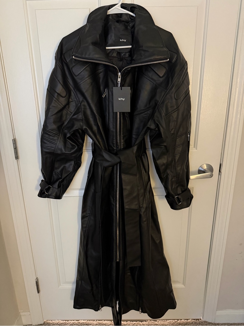 Black Leather Trench Coat with Belted Waist
